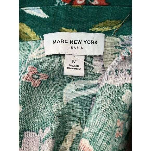 Marc New York Medium Green Floral Linen Short Sleeve Button Front Cropped Top - Picture 3 of 4